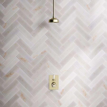 Calder Concealed Shower Valve, Shower Arm and 6 inch Ceiling Mounted Rose White Lever Gold White Lever