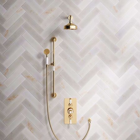 Calder Dual Outlet Shower Kit - Concealed Valve - 6 inch Rose - White Ceramic Lever - Handshower Slider-Rail - Polished Brass