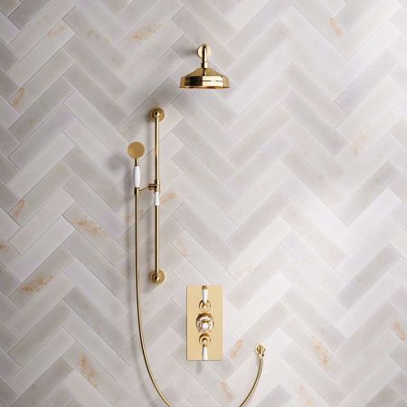 Calder Dual Outlet Shower Kit - Concealed Valve - 8 inch Rose - White Ceramic Lever - Handshower Slider-Rail - Polished Brass