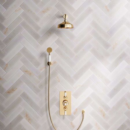 Calder Dual Outlet Shower Kit - Concealed Valve - 8 inch Rose - White Ceramic Lever - Handshower Hook - Polished Brass