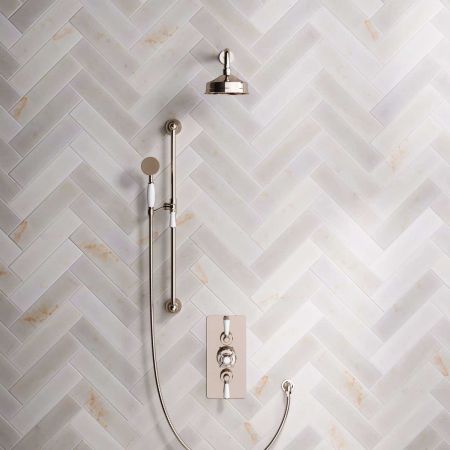 Calder Dual Outlet Shower Kit - Concealed Valve - 6 inch Rose - White Ceramic Lever - Handshower Slider-Rail - Polished Nickel