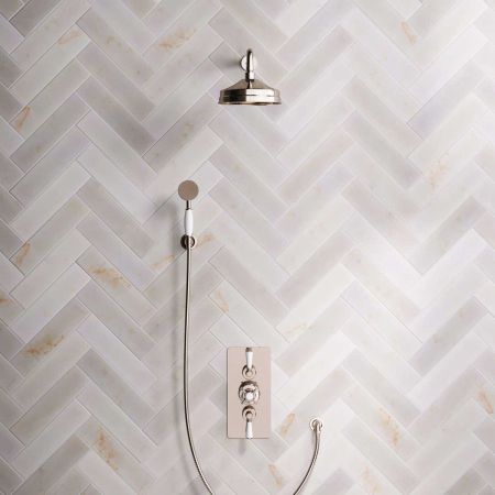 Calder Dual Outlet Shower Kit - Concealed Valve - 8 inch Rose - White Ceramic Lever - Handshower Hook - Polished Nickel