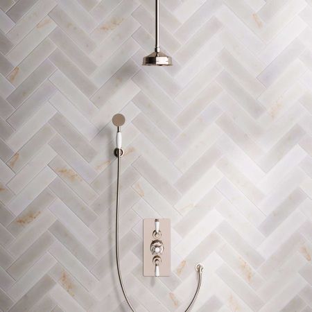 Calder Dual Outlet Shower Kit - Concealed Valve - 6 inch Rose - White Ceramic Lever - Handshower Hook - Ceiling Mounted Rose - Polished Nickel