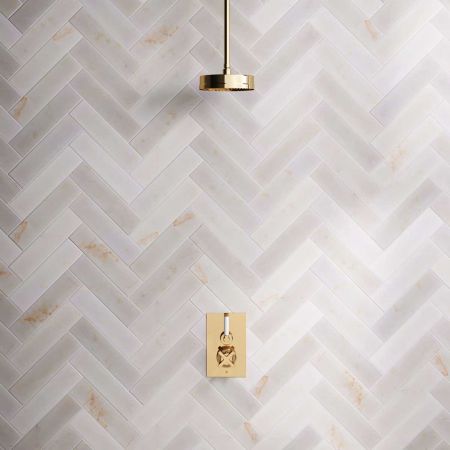 Elbe - Concealed Shower Set - White Lever - 8" Rose - Ceiling Mounted Rose - Polished Brass