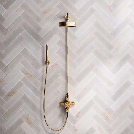 Elbe Dual Outlet Shower Kit - Exposed Valve - Black Ceramic Lever - Handshower Hook - Brushed Brass