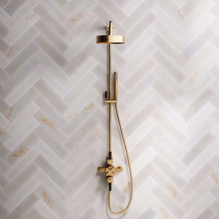 Elbe Dual Outlet Shower Kit - Exposed Valve - Black Ceramic Lever - Handshower Mounted on Riser-Rail - Brushed Brass