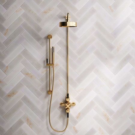 Elbe Dual Outlet Shower Kit - Exposed Valve - Black Ceramic Lever - Handshower Slider-Rail - Polished Brass