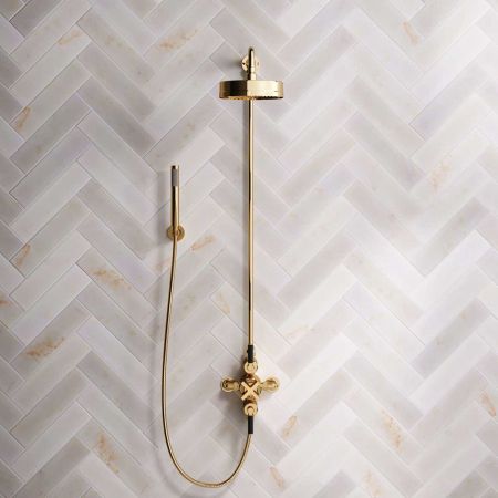 Elbe Dual Outlet Shower Kit - Exposed Valve - Black Ceramic Lever - Handshower Hook - Polished Brass