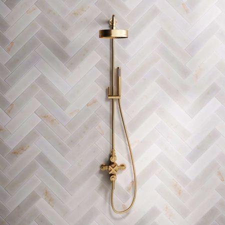 Elbe Dual Outlet Shower Kit - Exposed Valve - Brushed Brass Lever - Handshower Mounted on Riser-Rail - Brushed Brass