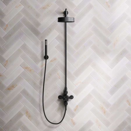 Elbe Dual Outlet Shower Kit - Exposed Valve - Matt Black Lever - Handshower Hook - Matt Black