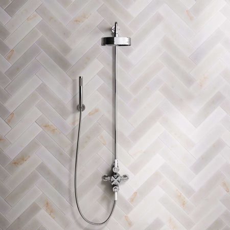 Elbe Dual Outlet Shower Kit - Exposed Valve - White Ceramic Lever - Handshower Hook - Chrome Finish