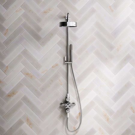 Elbe Dual Outlet Shower Kit - Exposed Valve - White Ceramic Lever - Handshower Mounted on Riser-Rail - Chrome Finish