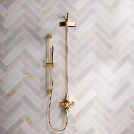 Elbe Dual Outlet Shower Kit - Exposed Valve - White Ceramic Lever - Handshower Slider-Rail - Polished Brass