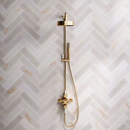 Elbe Dual Outlet Shower Kit - Exposed Valve - White Ceramic Lever - Handshower Mounted on Riser-Rail - Polished Brass