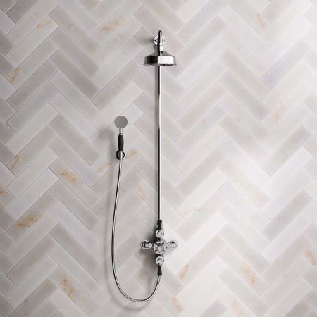 Calder Dual Outlet Shower Kit - Exposed Valve - 6 inch Rose - Black Ceramic Lever - Handshower Hook - Chrome Finish