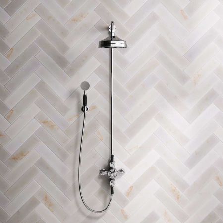 Calder Dual Outlet Shower Kit - Exposed Valve - 8 inch Rose - Black Ceramic Lever - Handshower Hook - Chrome Finish