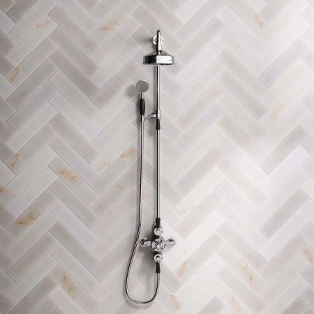 Calder Dual Outlet Shower Kit - Exposed Valve - 6 inch Rose - Black Ceramic Lever - Handshower Mounted on Riser-Rail - Chrome Finish