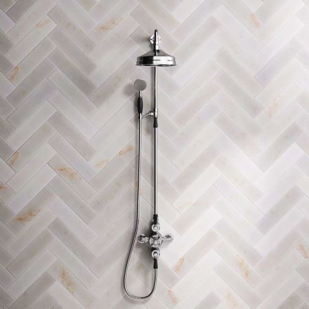 Calder Dual Outlet Shower Kit - Exposed Valve - 8 inch Rose - Black Ceramic Lever - Handshower Mounted on Riser-Rail - Chrome Finish