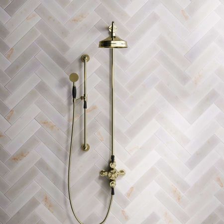 Calder Dual Outlet Shower Kit - Exposed Valve - 8 inch Rose - Black Ceramic Lever - Handshower Slider-Rail - Gold