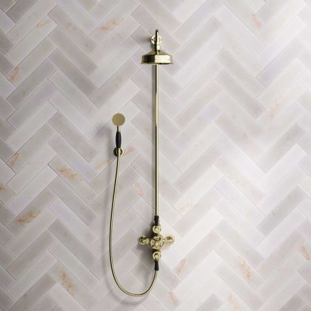 Calder Dual Outlet Shower Kit - Exposed Valve - 6 inch Rose - Black Ceramic Lever - Handshower Hook - Gold