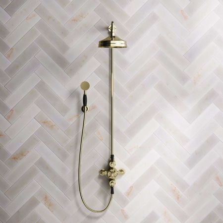 Calder Dual Outlet Shower Kit - Exposed Valve - 8 inch Rose - Black Ceramic Lever - Handshower Hook - Gold