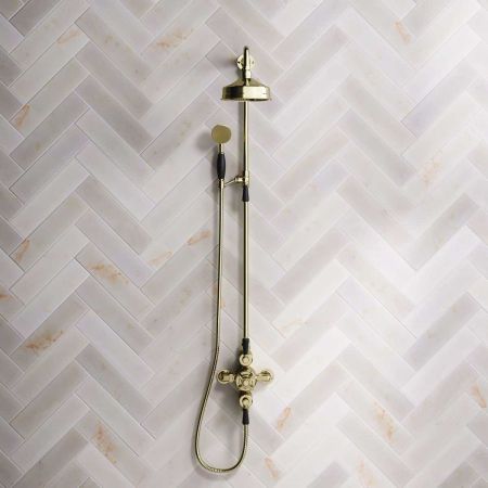 Calder Dual Outlet Shower Kit - Exposed Valve - 6 inch Rose - Black Ceramic Lever - Handshower Mounted on Riser-Rail - Gold