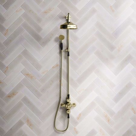Calder Dual Outlet Shower Kit - Exposed Valve - 8 inch Rose - Black Ceramic Lever - Handshower Mounted on Riser-Rail - Gold