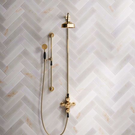 Calder Dual Outlet Shower Kit - Exposed Valve - 6 inch Rose - Black Ceramic Lever - Handshower Slider-Rail - Polished Brass