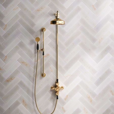 Calder Dual Outlet Shower Kit - Exposed Valve - 8 inch Rose - Black Ceramic Lever - Handshower Slider-Rail - Polished Brass