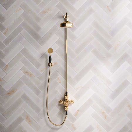 Calder Dual Outlet Shower Kit - Exposed Valve - 6 inch Rose - Black Ceramic Lever - Handshower Hook - Polished Brass