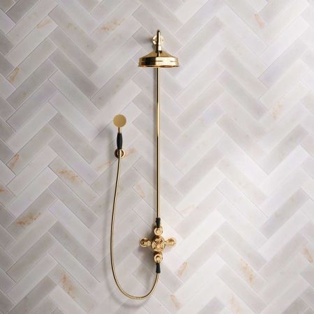Calder Dual Outlet Shower Kit - Exposed Valve - 8 inch Rose - Black Ceramic Lever - Handshower Hook - Polished Brass