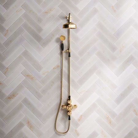 Calder Dual Outlet Shower Kit - Exposed Valve - 6 inch Rose - Black Ceramic Lever - Handshower Mounted on Riser-Rail - Polished Brass