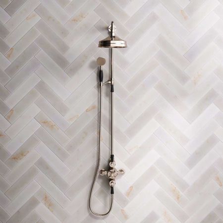 Calder Dual Outlet Shower Kit - Exposed Valve - 8 inch Rose - Black Ceramic Lever - Handshower Mounted on Riser-Rail - Polished Nickel