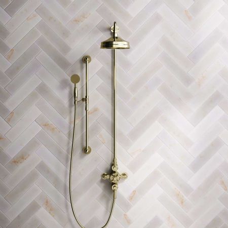 Calder Dual Outlet Shower Kit - Exposed Valve - 8 inch Rose - Metal Lever - Handshower Slider-Rail - Gold