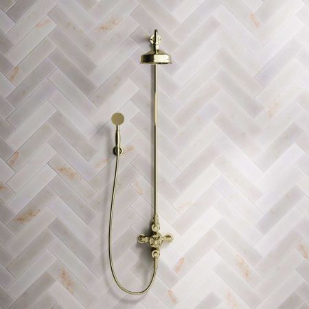 Calder Dual Outlet Shower Kit - Exposed Valve - 6 inch Rose - Metal Lever - Handshower Hook - Gold