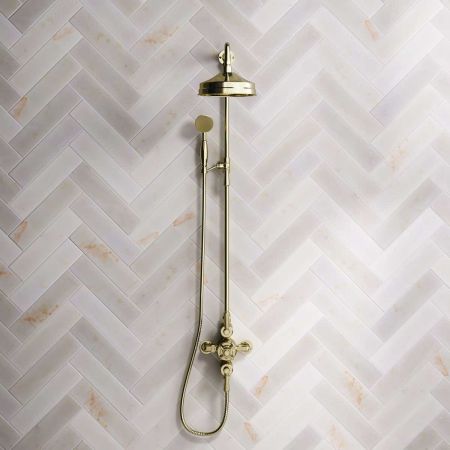 Calder Dual Outlet Shower Kit - Exposed Valve - 8 inch Rose - Metal Lever - Handshower Mounted on Riser-Rail - Gold