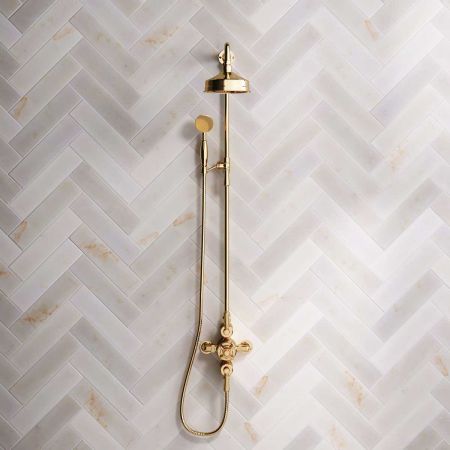 Calder Dual Outlet Shower Kit - Exposed Valve - 6 inch Rose - Metal Lever - Handshower Mounted on Riser-Rail - Polished Brass