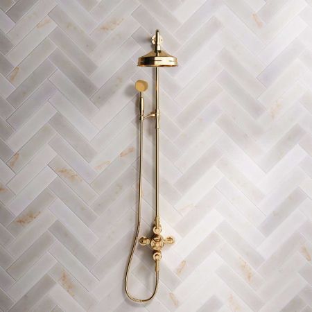 Calder Dual Outlet Shower Kit - Exposed Valve - 8 inch Rose - Metal Lever - Handshower Mounted on Riser-Rail - Polished Brass