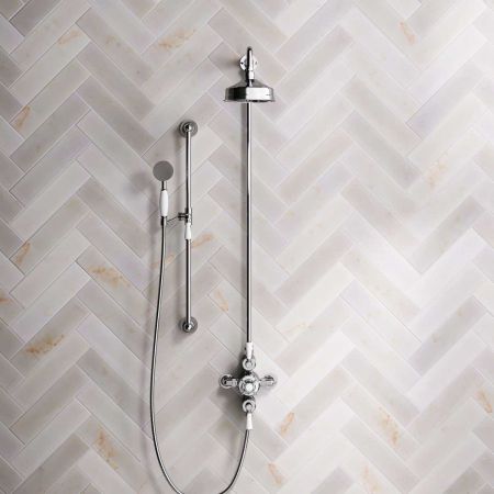 Calder Dual Outlet Shower Kit - Exposed Valve - 6 inch Rose - White Ceramic Lever - Handshower Slider-Rail - Chrome Finish