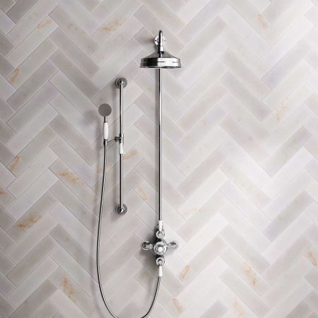 Calder Dual Outlet Shower Kit - Exposed Valve - 8 inch Rose - White Ceramic Lever - Handshower Slider-Rail - Chrome Finish