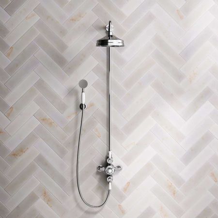 Calder Dual Outlet Shower Kit - Exposed Valve - 8 or 6 inch Rose - White Ceramic Lever - Handshower Hook