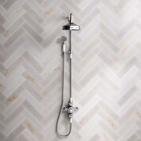 Calder Dual Outlet Shower Kit - Exposed Valve - 6 or 8 inch Rose - White Ceramic Lever - Handshower Mounted on Riser-Rail