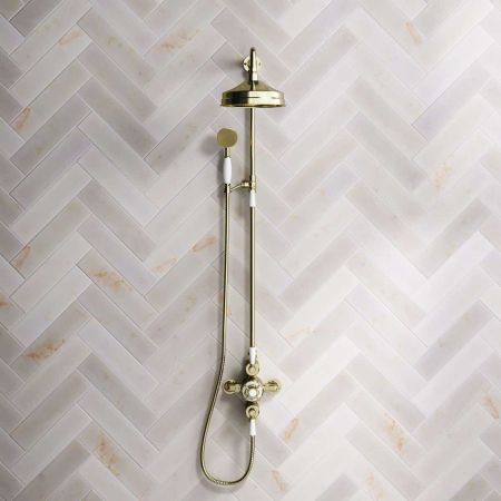 Calder Dual Outlet Shower Kit - Exposed Valve - 8 inch Rose - White Ceramic Lever - Handshower Mounted on Riser-Rail - Gold