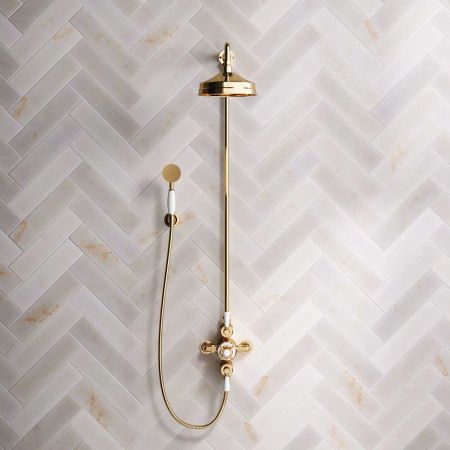 Calder Dual Outlet Shower Kit - Exposed Valve - 8 inch Rose - White Ceramic Lever - Handshower Hook - Polished Brass