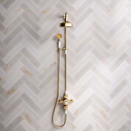 Calder Dual Outlet Shower Kit - Exposed Valve - 6 inch Rose - White Ceramic Lever - Handshower Mounted on Riser-Rail - Polished Brass