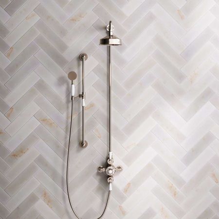 Calder Dual Outlet Shower Kit - Exposed Valve - 6 inch Rose - White Ceramic Lever - Handshower Slider-Rail - Polished Nickel