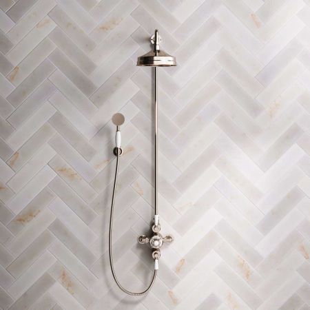 Calder Dual Outlet Shower Kit - Exposed Valve - 8 inch Rose - White Ceramic Lever - Handshower Hook - Polished Nickel