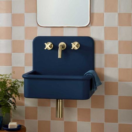 Laszlo Rectangular Concrete Basin With Backsplash - Three Tap Holes - Freestanding - Midnight Blue