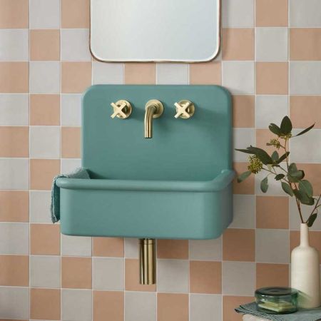 Laszlo Rectangular Concrete Basin With Backsplash - Three Tap Holes - Freestanding - Seafoam Green