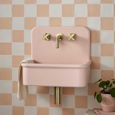Laszlo Rectangular Concrete Basin With Backsplash - Three Tap Holes - Freestanding - Blush Pink